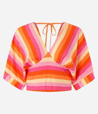 Blusa Cropped em Viscose com Estampa Listrada e Amarração nas Costas