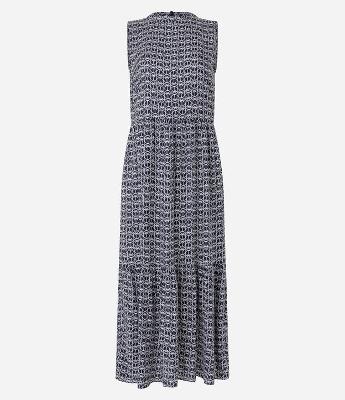 Vestido Midi Evasê com Gola Alta Estampa de Coqueiros e Babados na Barra
