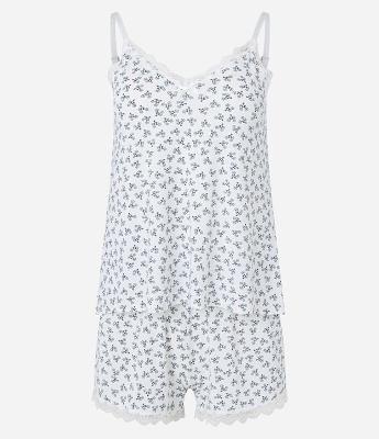 Pijama Short Doll em Poliamida com Estampa Raminhos de Flores e Renda