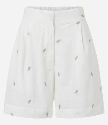 Short Cintura Alta em Tricoline com Pregas e Folhagens Bordadas
