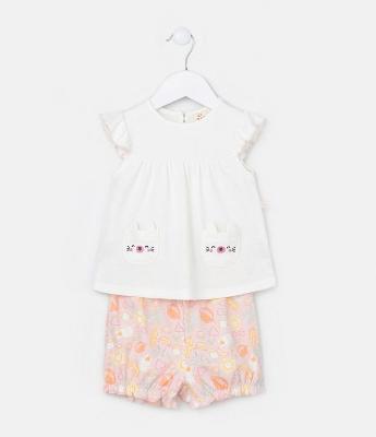 Conjunto Infantil com Bolsos Cara de Bichinho - Tam 0 a 18 meses