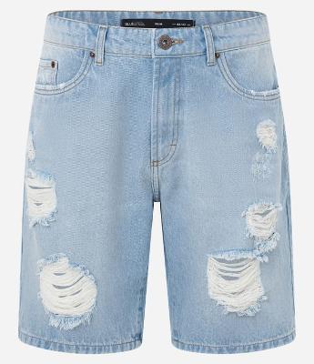 Bermuda Slim em Jeans Denim Destroyed e Barra a Fio