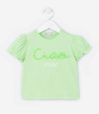 Blusa Infantil com Manga Bufante e Bordado - Tam 1 a 5 Anos