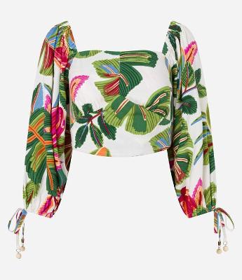 Blusa Cropped em Viscose com Lastex e Estampa Tropical