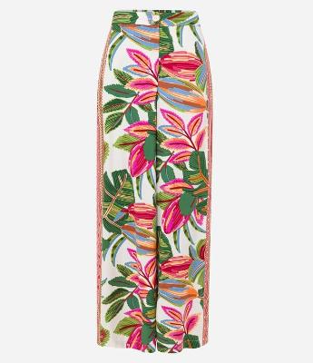 Calça Pantalona em Viscose com Estampa Tropical e Recorte Étnico