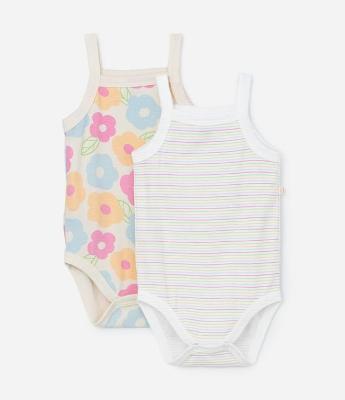 Kit 02 Bodies com Estampa Floral e Listras - Tam 0 a 18 meses