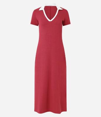 Vestido Midi em Ribana com Colarinho Contrastante na Gola