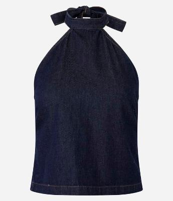 Blusa em Jeans com Gola Alta e Amarração no Pescoço