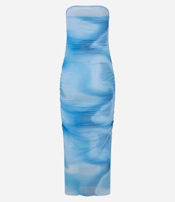 Vestido New Midi em Tule Drapeado e Estampa Abstrata