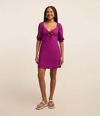 Vestido Curto em Viscose com Amarração e Manga Bufante