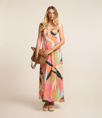 Vestido New Midi em Viscolinho com Estampa de Folhagens