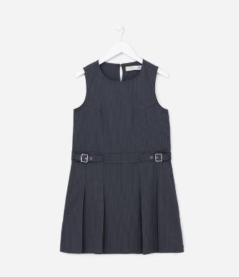 Vestido Infantil em Alfaiataria com Listra Giz e Fivelas na Cintura -Tam 5 a 14 Anos