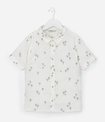 Camisa Infantil em Linho com Estampa Coqueiros - Tam 5 a 14 Anos