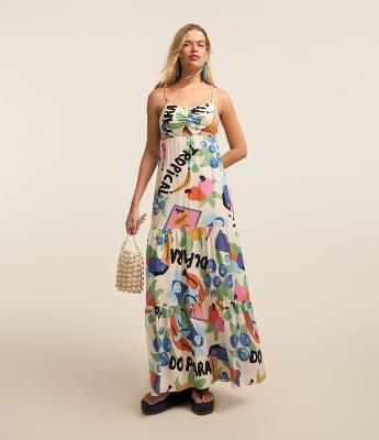 Vestido Long Midi com Alça Fina e Estampa Tropical
