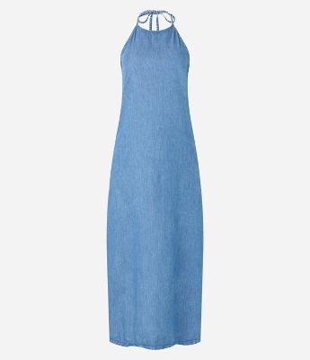 Vestido Frente Única em Jeans com Costas Abertas
