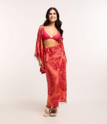 Saída de Praia Saia em Viscose com Multi Amarrações e Estampa Folhas