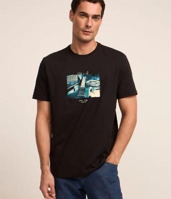 Camiseta em Algodão com Estampa de Guitarra Vintage