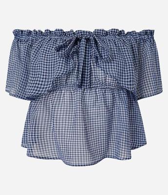 Blusa Curta em Chiffon com Decote Ombro a Ombro Xadrez e Laço