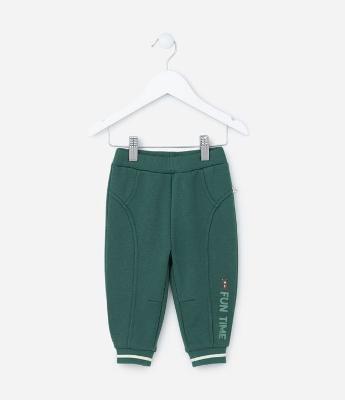 Calça Infantil com Recortes e Lettering Fun Time - Tam 0 a 18 meses