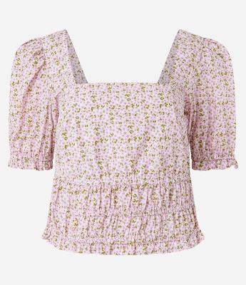 Blusa em Tricoline com Manga Bufante e Estampa Floral