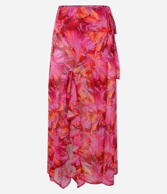 Saída de Praia Saia Longa em Chiffon com Amarração Lateral Floral