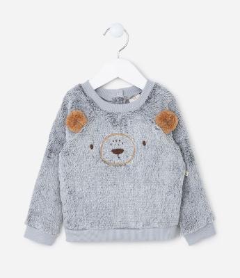 Blusão Infantil em Fleece com Bordado Cara de Urso - Tam 0 a 18 meses