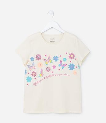 Camiseta Infantil com Estampa Flores e Borboletas - Tam 5 a 14 Anos