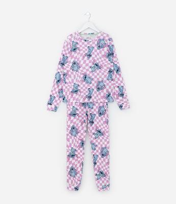Pijama Infantil Longo em Ribana Estampa Stitch - Tam 5 a 14 anos