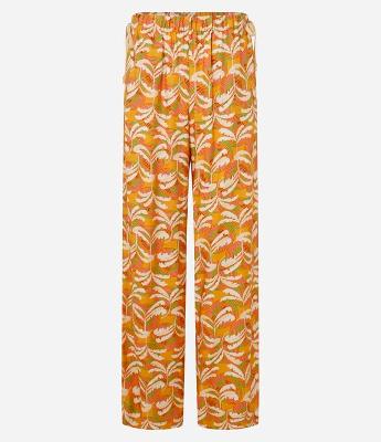 Calça Wide Leg em Twill com Amarração e Estampa de Folhagens