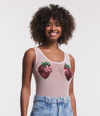 Body Tule com Bordado de Morango