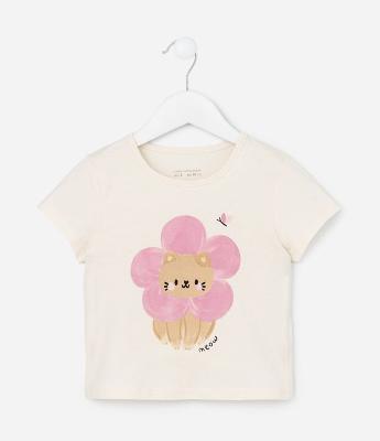 Blusa Infantil com Estampa Gatinho e Flor - Tam 1 a 5 Anos