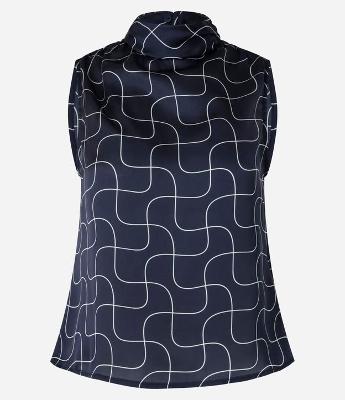 Blusa Acetinada Gola Alta com Detalhe Drapeado e Estampa Geométrica
