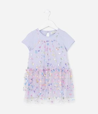 Vestido Infantil com Sobreposição e Estampa Borboletas - Tam 1 a 6 Anos
