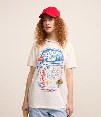 Camiseta Alongada em Algodão com Estampa Las Sardines