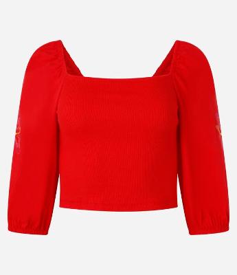 Blusa Cropped em Ribana com Flor Bordada na Manga Bufante