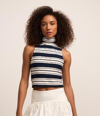 Blusa Regata Canelada com Gola Alta e Listras