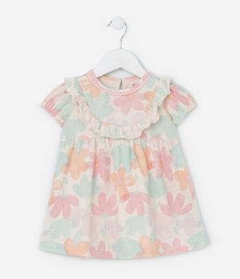 Vestido Infantil com Babadinhos e Estampa Floral - Tam 0 a 18 meses