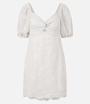 Vestido em Viscolinho com Manga Bufante e Coqueiros Bordados
