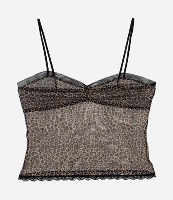Camisete sem Bojo em Tule com Estampa Animal Print Onça