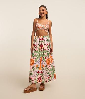 Saia New Midi em Viscose e Linho com Estampa Tropical