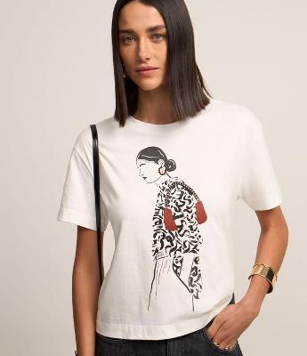 Camiseta Manga Curta Estampa Mulher de Perfil
