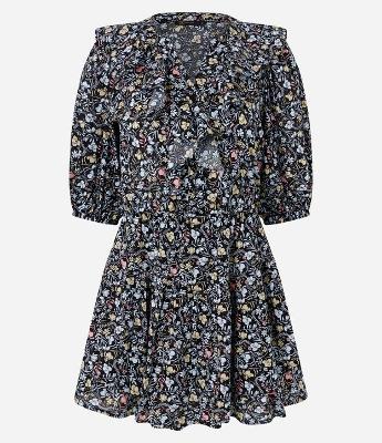 Vestido Curto Tricoline com Babado Jabô e Estampa Floral