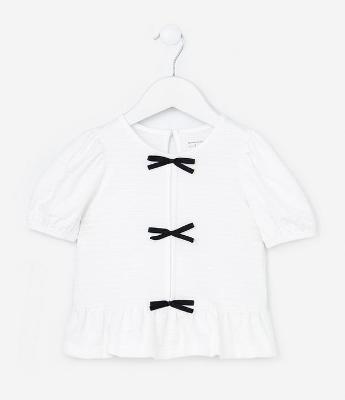 Blusa Infantil Texturizada com Lacinhos Contrastantes - Tam 1 a 6 Anos