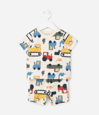 Conjunto Infantil Texturizado com Estampa Tratores - Tam 0 a 18 meses