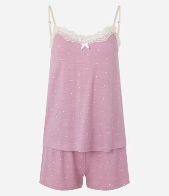 Pijama Short Doll Alcinha com Estampa Poá e Detalhe de Renda
