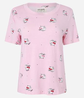Blusa de Pijama Manga Curta em Viscose com Estampa de Gato