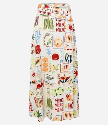 Saia New Midi em Viscose e Linho com Estampa de Frutinhas