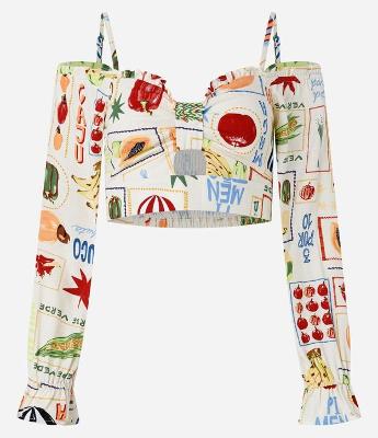Blusa Cropped em Viscose e Linho com Estampa de Frutinhas