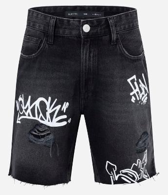 Bermuda Slim em Jeans com Estampa Lettering Grafite e Puídos