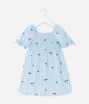 Vestido Infantil em Tricoline com Estampa Cerejinhas - Tam 1 a 5 Anos